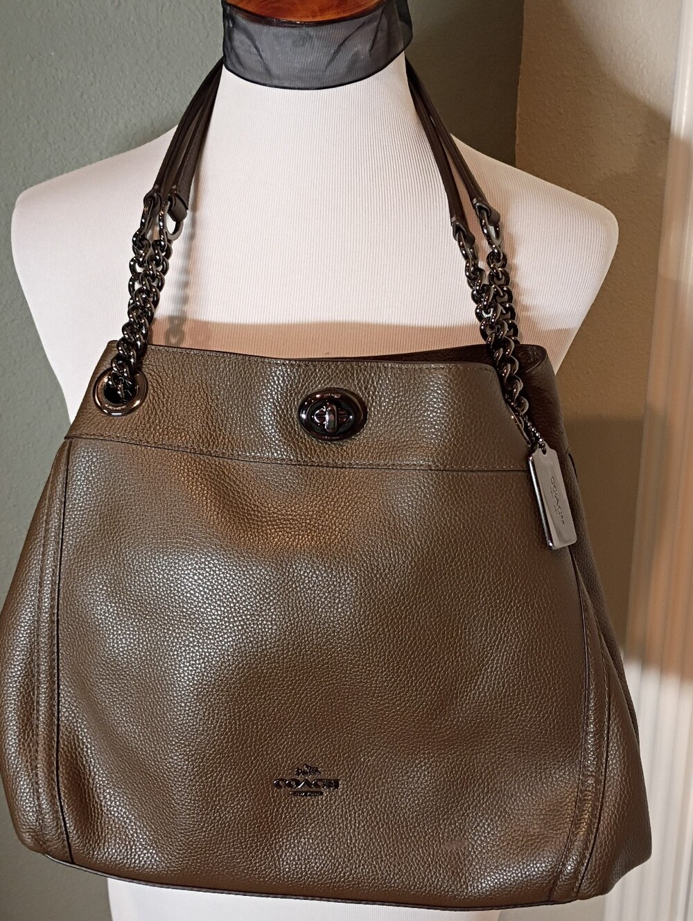 Coach Pebbled Leather Tote Bag in Olive Brown